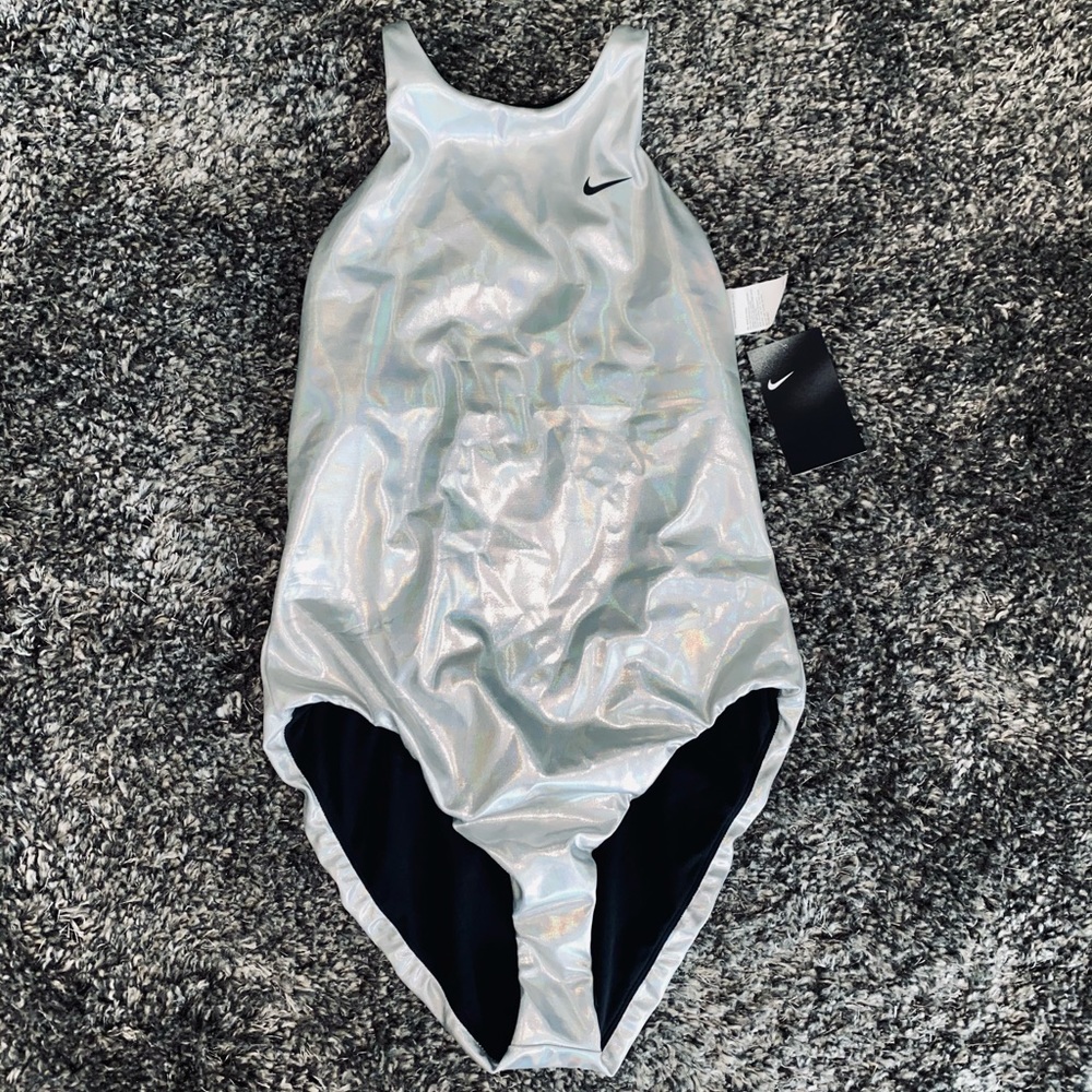 NWT NIKE FLASH IRIDESCENT SILVER HIGH NECK SWIM
